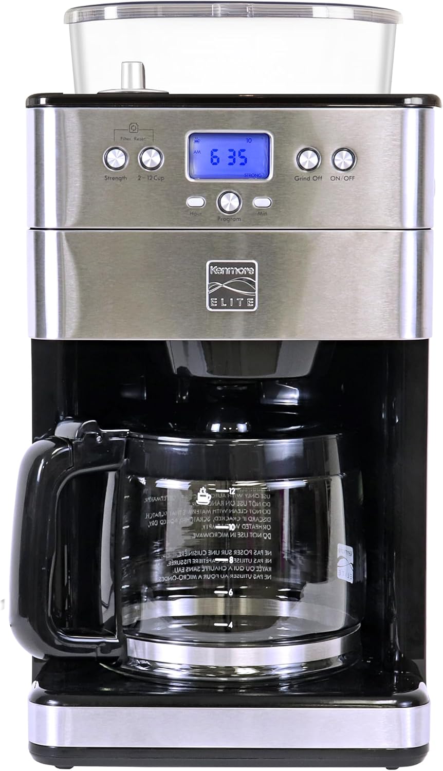 Kenmore Elite Grind and Brew Coffee Maker with Built‑In Burr Grinder, Automatic Drip Machine, 12‑Cup Programmable Brewer, Bean‑to‑Cup Cafetera, Stainless Steel Coffee Maker for Home & Office