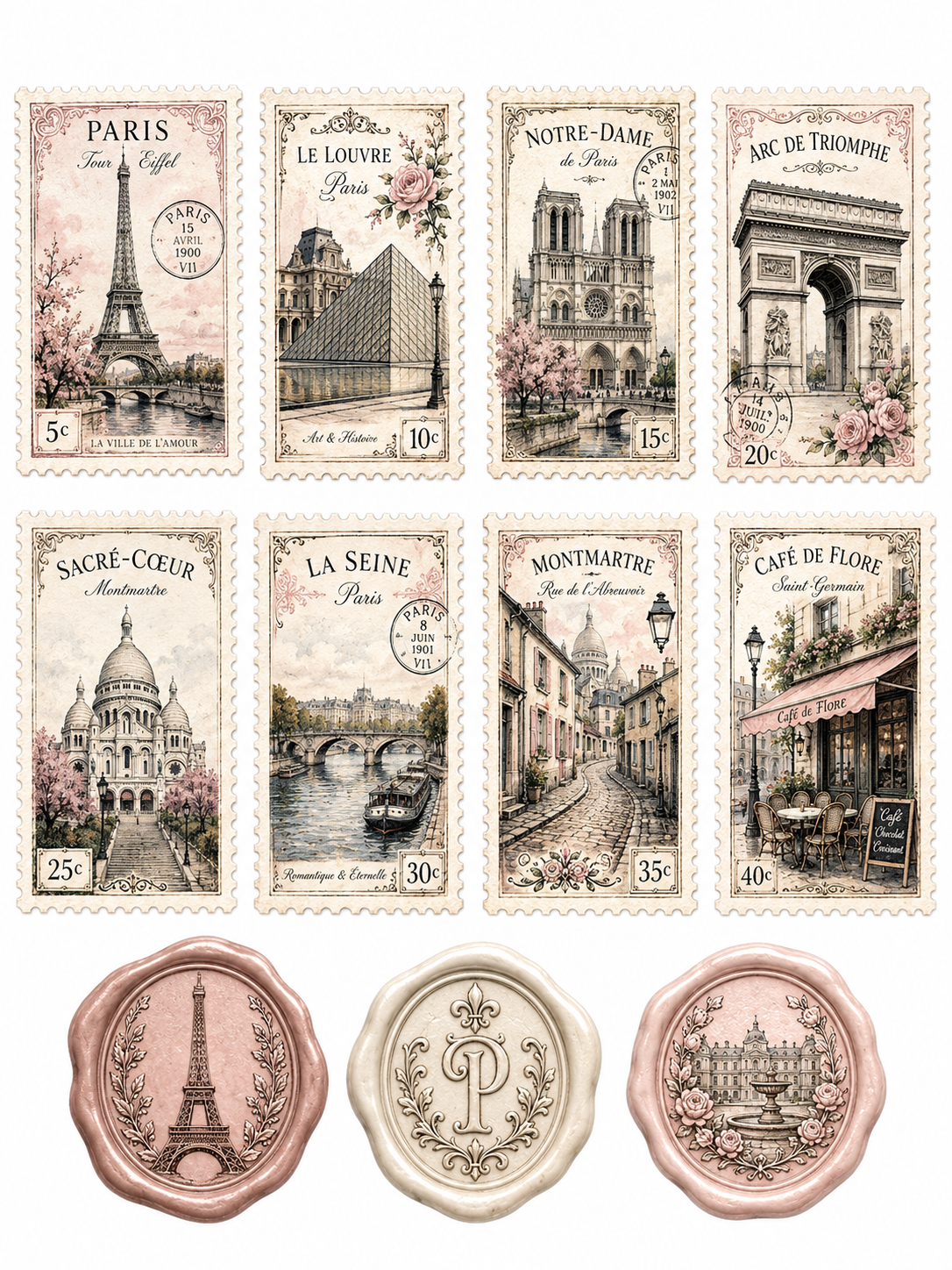 Paris Romantic Vintage Stamps printable ephemera sample
