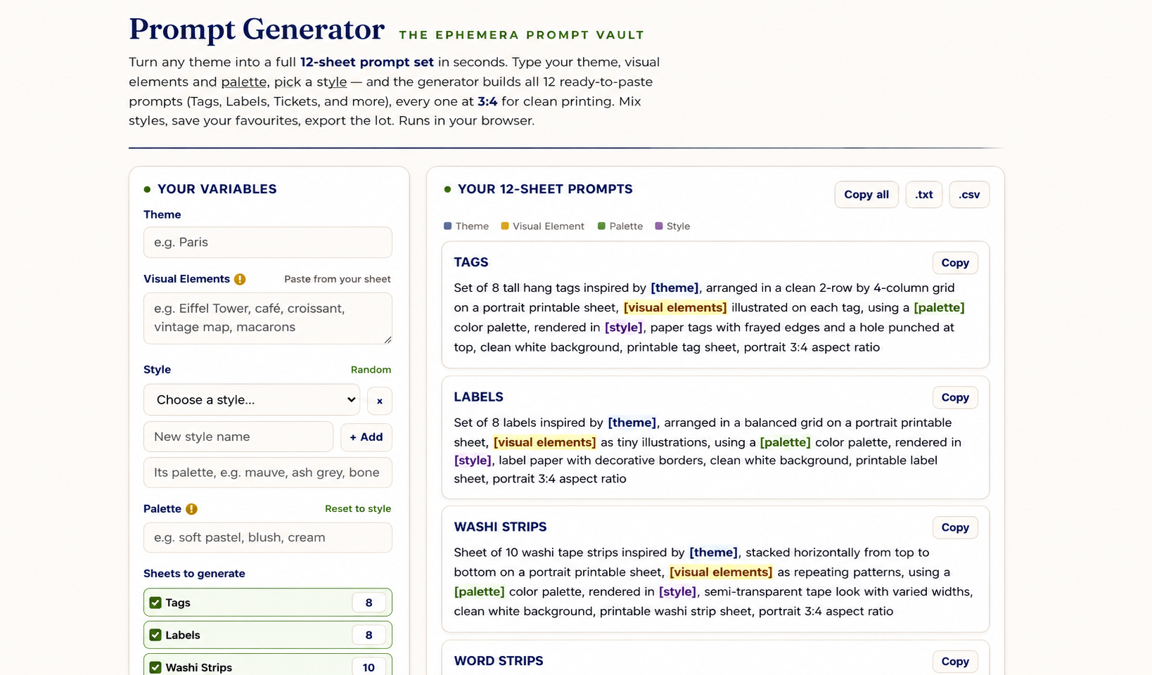 PromptGenerator creative testing workspace screenshot