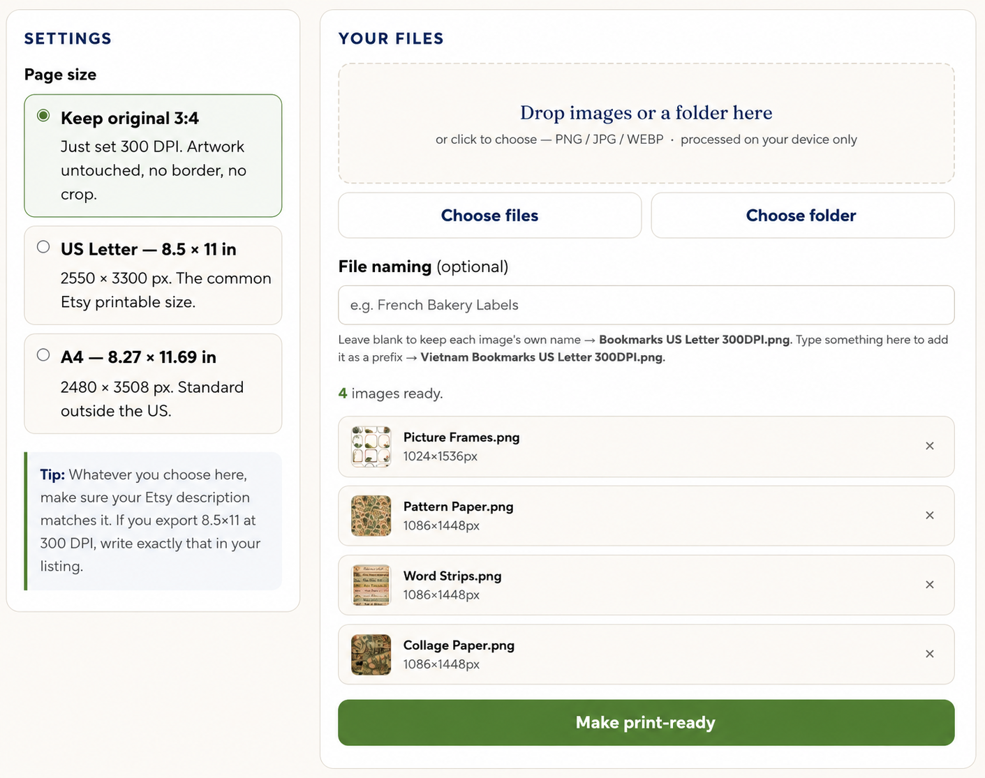 Ephemera Print Studio 300 DPI tool screenshot